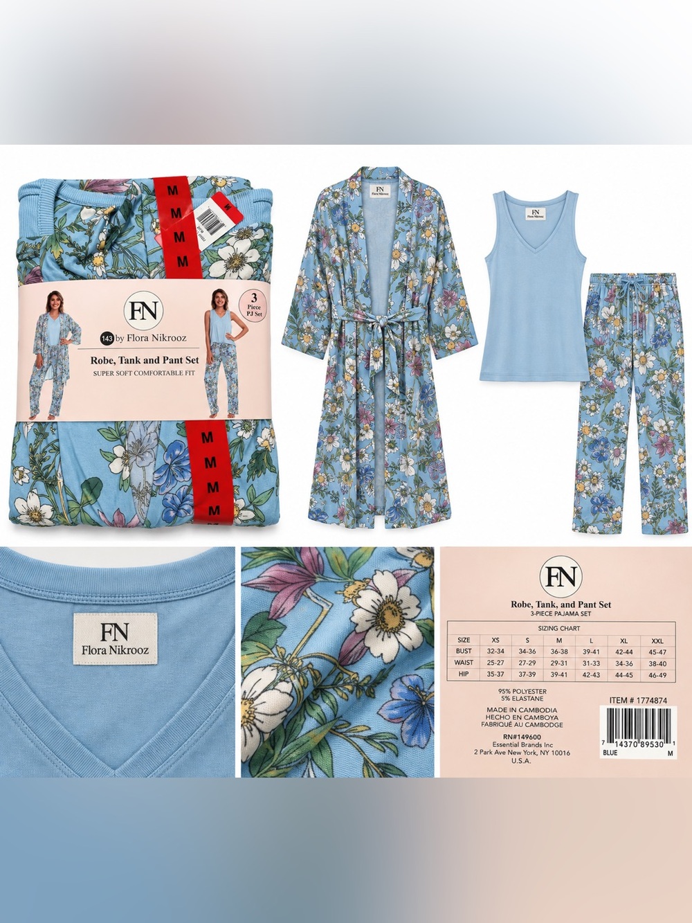 Flora Nikrooz 3 Piece Pajama Set Robe Tank Pants Blue Floral 1774874 Medium